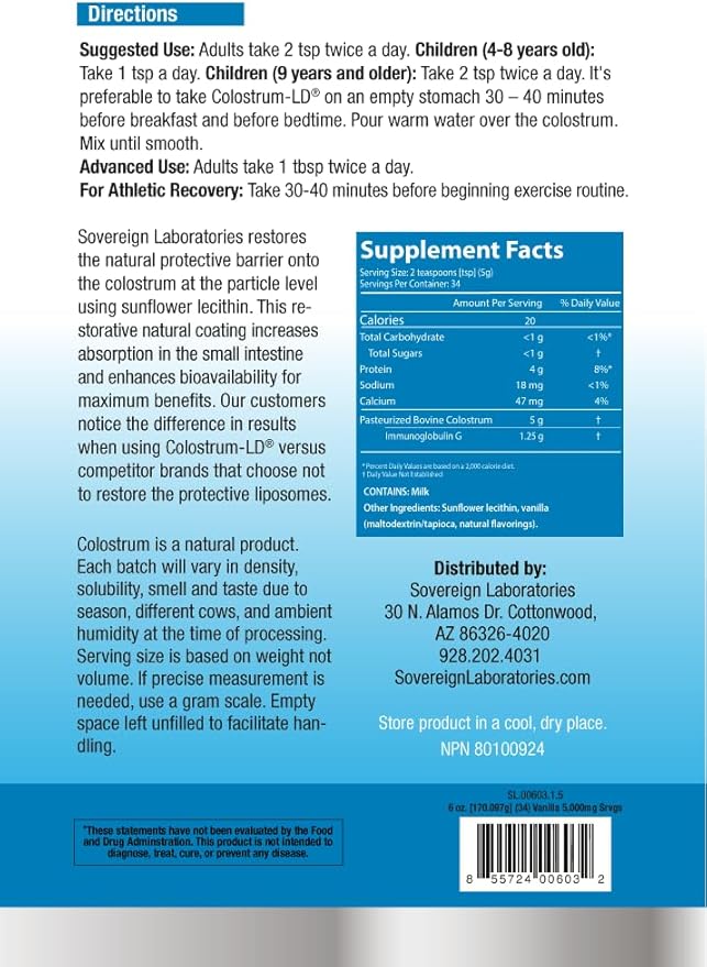 Colostrum-LD Liposomal Delivery - Colostrum Powder - Gluten-Free Lactose-Reduced - 34 Servings - Sovereign Laboratories - 6 oz Vanilla