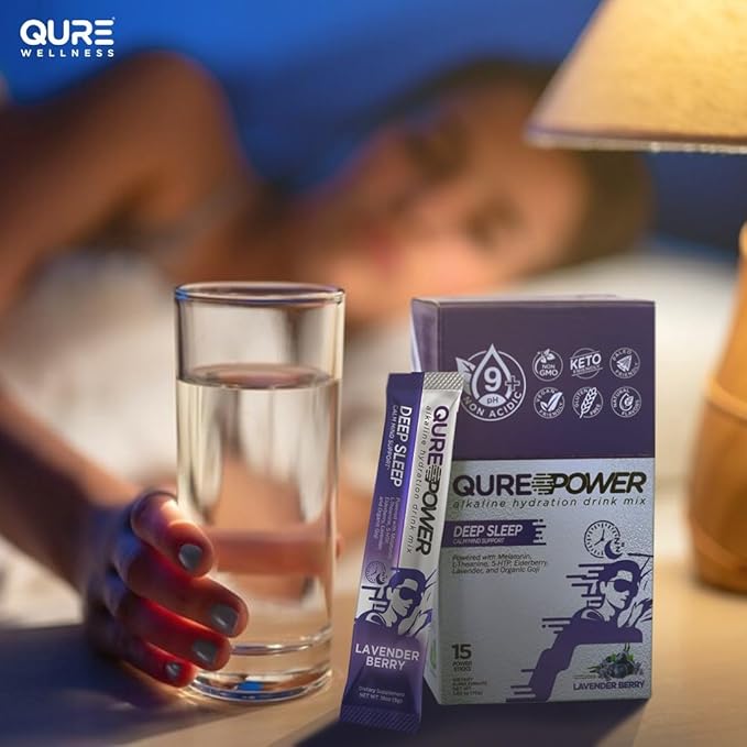 QURE Deep Sleep Aid Drink Mix w/ 5mg Melatonin &amp L-Theanine for Stress Relief | Non - Habit Forming Magnesium &amp 5 - HTP Powder | Alkaline Hydration | 15 Sticks (1 Box)