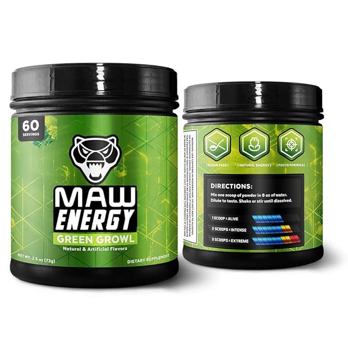 MAW Energy - Energy Drink for Gamers - Simple Powder Mix that Tastes Great - No Sugar - 60 Serving Jar (Green Growl))