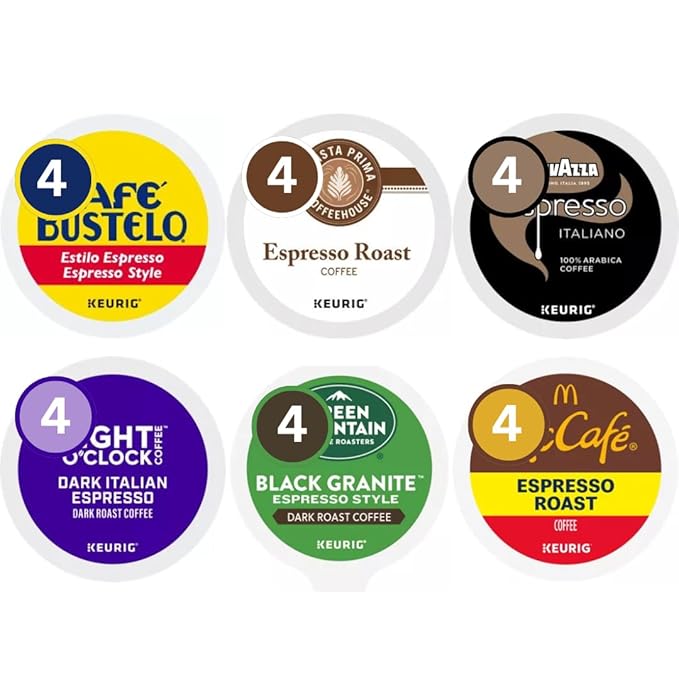 Espresso Style Dark Roast Italian K-Cup Pods Coffee Variety Pack Sampler Includes Cafe Bustelo Eight O'Clock Barista Prima Coffeehouse Lavazza Green Mountain Black Granite for Keurig Brewers (24 C