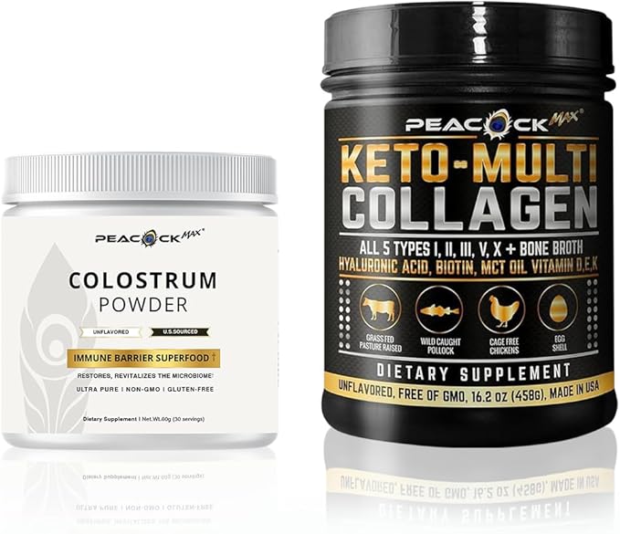 Colostrum + Keto Multi Collagen Peptide Powder Bundle – Hydrolyzed Collagen Protein with MCT Oil &amp Biotin &amp Pure Bovine Colostrum Unflavored Keto &amp Paleo Friendly 16.2 oz + 60g