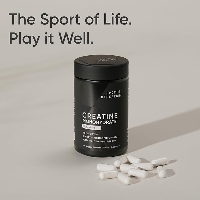 Sports Research® Creatine Monohydrate Capsules - Supports Workout Recovery Lean Muscle gain Performance and Strength* - Non-GMO Vegan Certified - 5g per Servings - 30 Servings