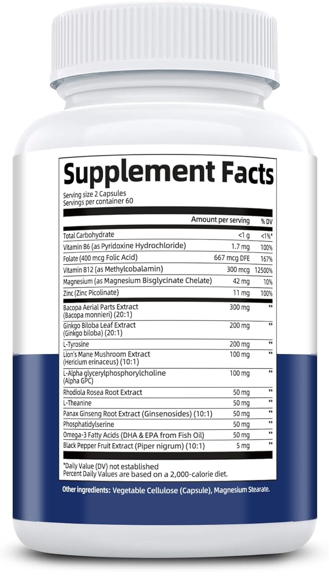 2-Pack Brain Supplements for Memory &amp Focus | Nootropic with Bacopa Lion's Mane Alpha GPC | Mental Clarity &amp Cognitive Support | Vitamin B6 &amp B12 – 240 Caps (120/Bottle)
