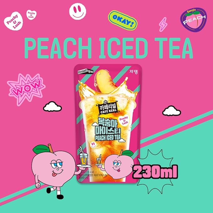 ROASTIQUE Official Cafe Real Peach - Flavored Juice Drink Pouch Peachy Lush Iced Tea Korean Convenience Store Drinks 7.77 fl oz (Pack of 10)