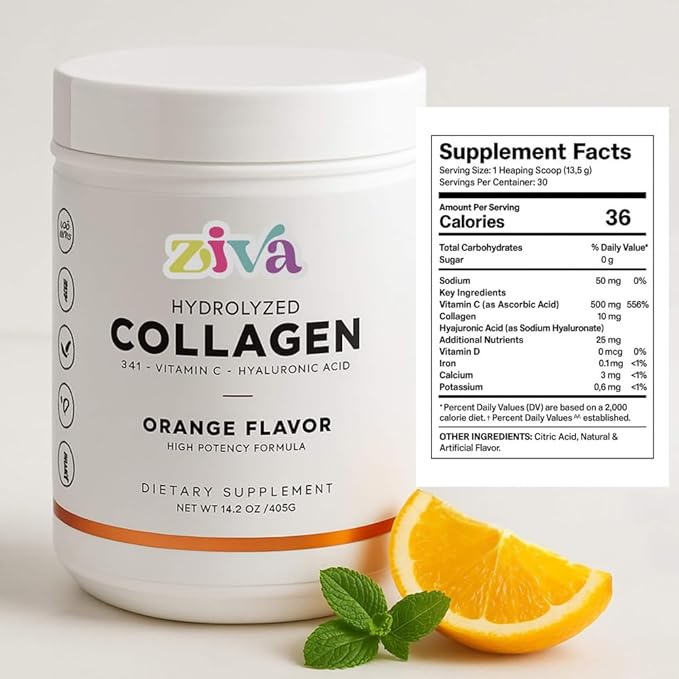 ZIVA Hydrolyzed Collagen – Orange Flavor | with Vitamin C &amp Hyaluronic Acid | High Potency | Dairy-Free Gluten-Free