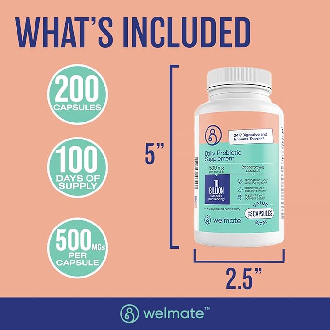 WELMATE - Daily Probiotic Supplement (200 Capsules) Saccharomyces Boulardii 500mg - 24/7 Digestive Support Immune Support - 10 Billion CFU - Over-The-Counter Medication - Vegan Gluten Free Non GMO