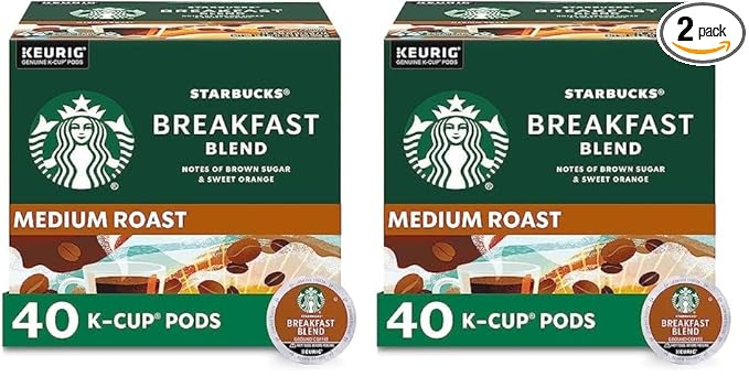 Starbucks K-Cup Coffee Pods Medium Roast Breakfast Blend for Keurig Brewers 100% Arabica 1 Box (40 Pods) (Pack of 2)