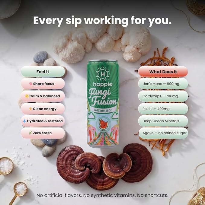Happie Fungi Fusion Watermelon – Sparkling Adaptogen Drink with Lion’s Mane Cordyceps &amp Red Reishi – Plant-Based Nootropic 40 Calorie Zero Sugar Added Vegan Functional Soda Alternative (6 pack