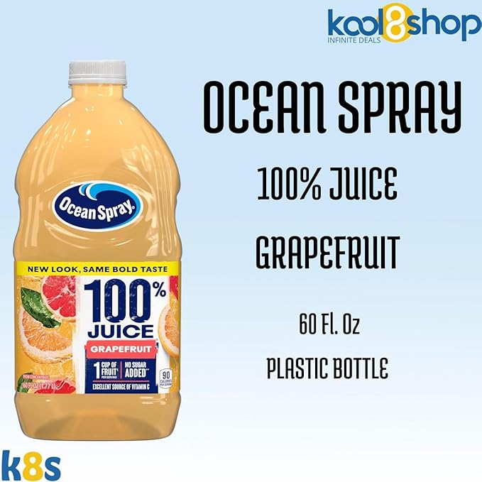 Ocean Spray 100% Grapefruit Fruit Juice No Added Sugar 60 fl oz 4 Pack + 15 Sugarcane Disposable Straws by KOOL8SHOP Infinite Deals