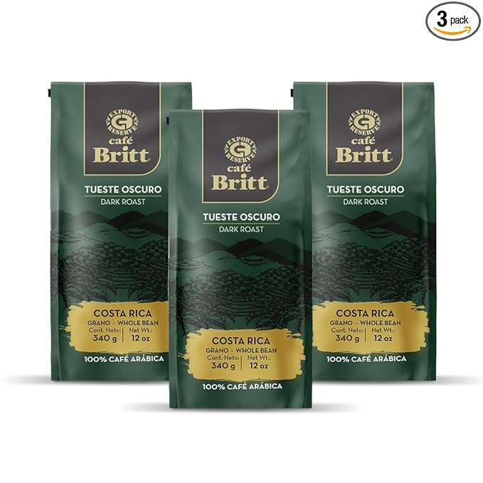 Café Britt® - Costa Rican Dark Roast Coffee (12 oz.) (3-Pack) - Whole Bean Arabica Coffee Kosher Gluten Free 100% Gourmet &amp Dark Roast
