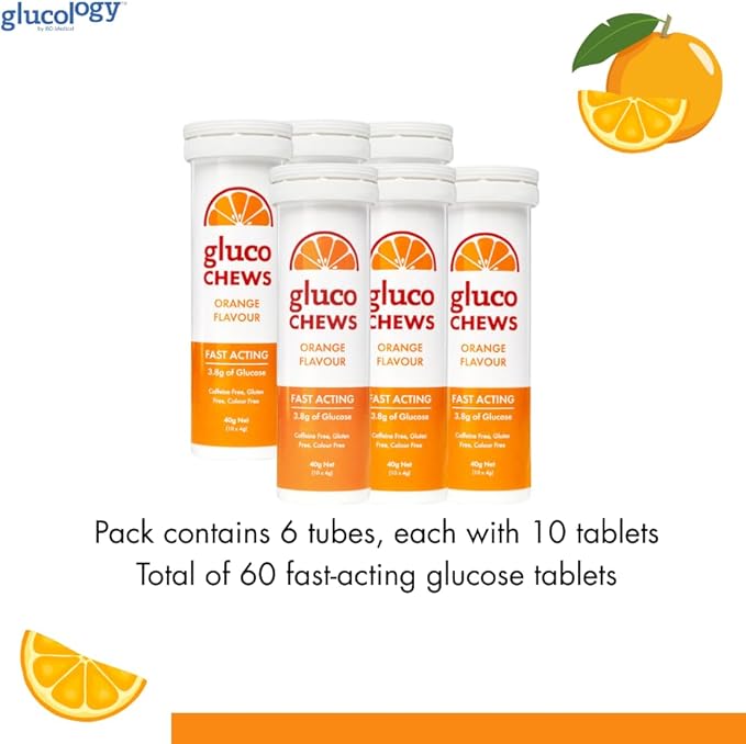 Glucochews Orange Glucose Tablets – 60 Tablets (10 per Tube 6 Pocket-Sized Tubes) – 3.8g Fast-Acting Glucose Each – Boosts Energy &amp Blood Sugar – Gluten-Free Fat-Free Caffeine-Free