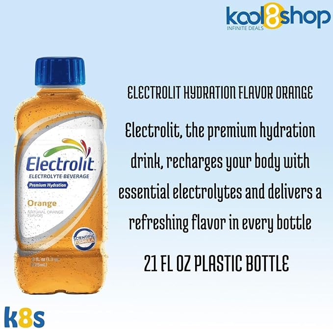 Electrolit Orange Hydration Drink with Electrolytes 21 fl oz Plastic Bottles 9 Pack + 1 Microfiber Cooling Towel by KOOL8SHOP Infinite Deals