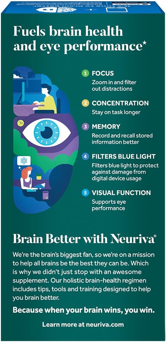 NEURIVA Brain + Eye Supplement for Memory Focus &amp Concentration with Clinically Tested Lutein and Zeaxanthin Vitamins A C &amp E + Zinc for Eye Health &amp Filter Blue Light 30 Count Capsules