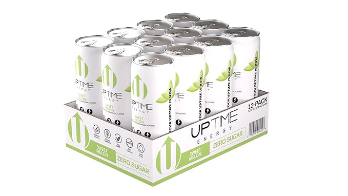 UPTIME Energy Drink Sweet Summer Melon Sparkling 12 Pack Vitamin C L Theanine Calcium Sugar Free Energy Drinks for Focus Support 142mg of Natural Caffeine 5 Calories Natural 12 fl oz Cans