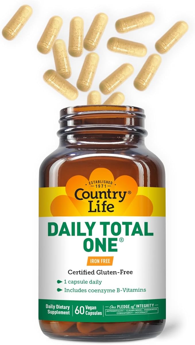 Country Life Daily Total One Multivitamin Iron Free Once a Day Multivitamin &amp Multimineral Complex Vitamins A C D Including Coenzyme B-Vitamins Supports Energy Metabolism 60 Vegan Capsules