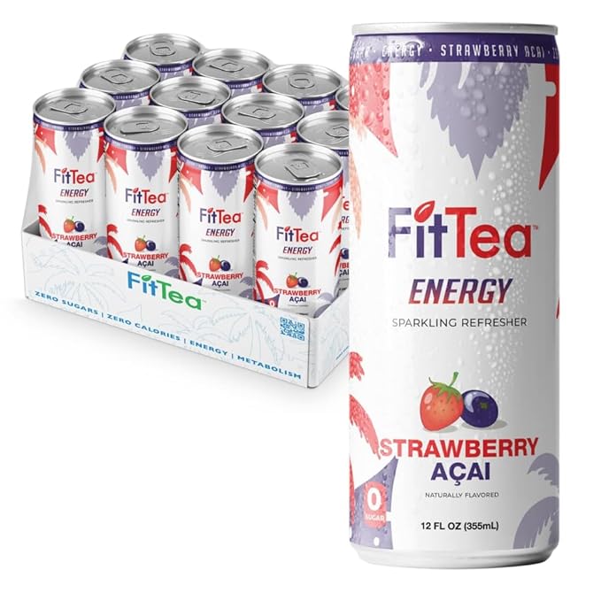 FitTea Healthy Energy Drink 12 Fl Oz - Strawberry Açai Sparkling Refresher (12 Pack) Natural Green Tea Energy Drinks Sugar Free