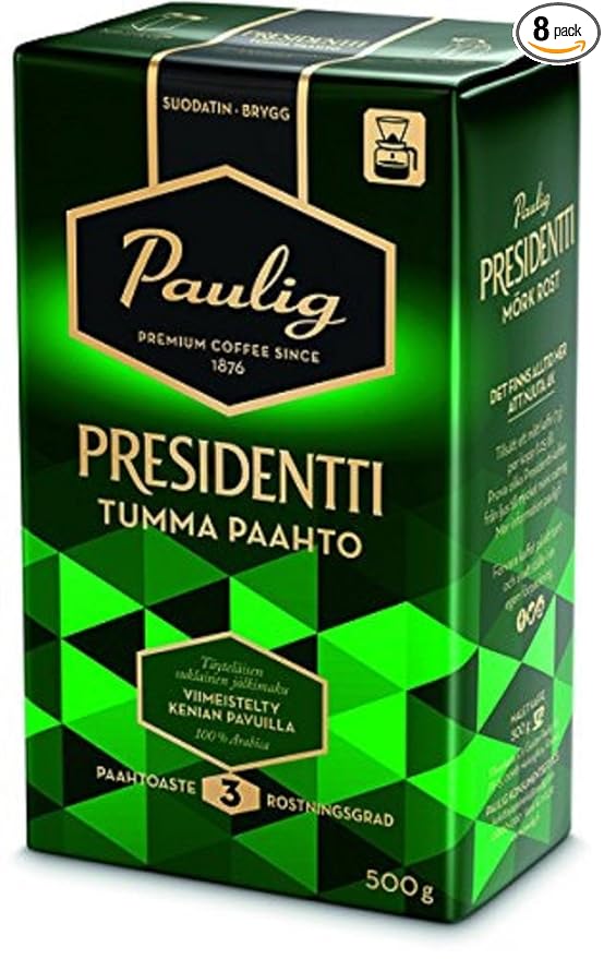 Paulig Presidentti (President) - Dark Roast - Fine Grind - Premium Filter Blend Ground Coffee - Bag 500g (Finland) (8 Bags (Save 30%))
