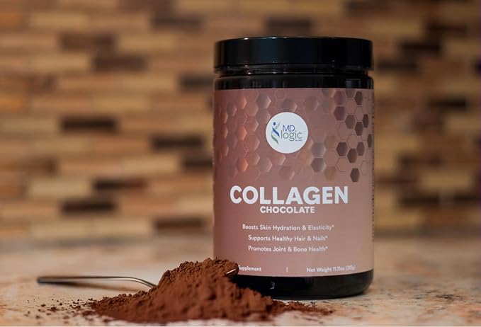 MD Logic Health® Chocolate Collagen with Vitamin A C Zinc Biotin &amp Hyaluronic Acid for Healthy Skin Hair Nails Joints 10g of Collagen + 10g of Protein Zero Sugar
