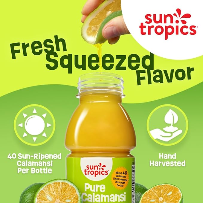 Sun Tropics Pure Calamansi 100% Juice - 4 Pack 10 Oz Each | 100% Pure Not From Concentrate | Refreshing Citrus Juice for Drinks Cocktails Cooking &amp More | No Sugar No Preservatives