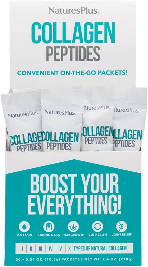 NaturesPlus Collagen Peptides - 20 Stick Packets - Hair Skin Nail &amp Joint Health Immune System Support - Non-GMO Gluten Free - 20 Servings