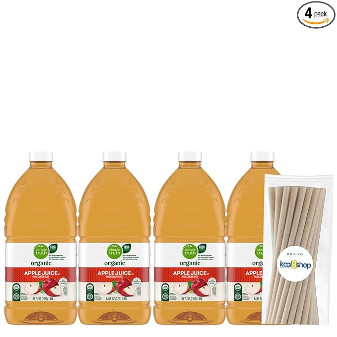 Simple Truth Organic Apple Fruit Juice 64 fl oz Plastic Bottles 4 Pack + 15 Sugarcane Disposable Straws by KOOL8SHOP Infinite Deals