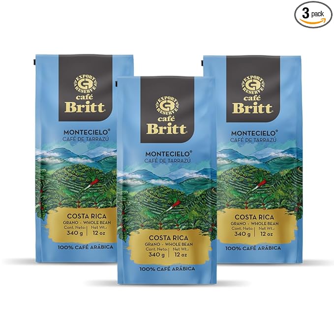 Café Britt® - Costa Rican Montecielo Coffee From Tarrazu (12 oz.) (3-Pack) - Whole Bean Arabica Coffee Kosher Gluten Free 100% Gourmet &amp Medium Dark Roast