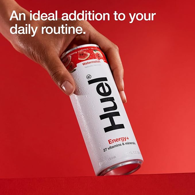 Huel Energy+ | Watermelon Energy Drink | Refreshing Plant-Based Drink with Real Fruit | 200mg of Caffeine and 27 Vitamins &amp Minerals | 35 Calories per 12 FL Oz 12 Pack