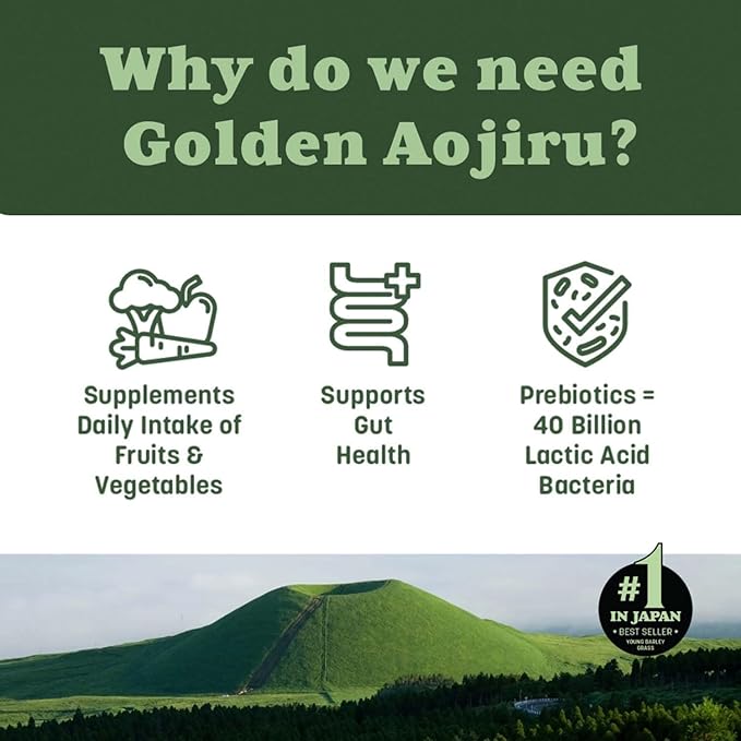 Golden Aojiru Green Superfood Powder – Japanese Barley Grass Juice with 25+ Vegetables Prebiotic &amp Enzymes – Gluten Free Green Juice – 46pcs pack of 2