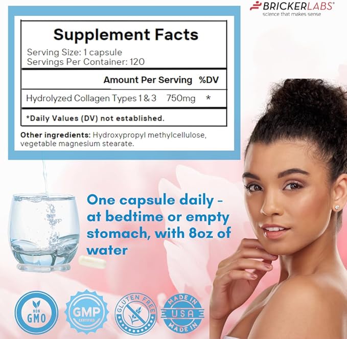 Bricker Labs Collagen for Men &amp Women - Type I III Hydrolized Collagen Supplement 750mg 1 Collagen Capsule Daily - 120 Servings