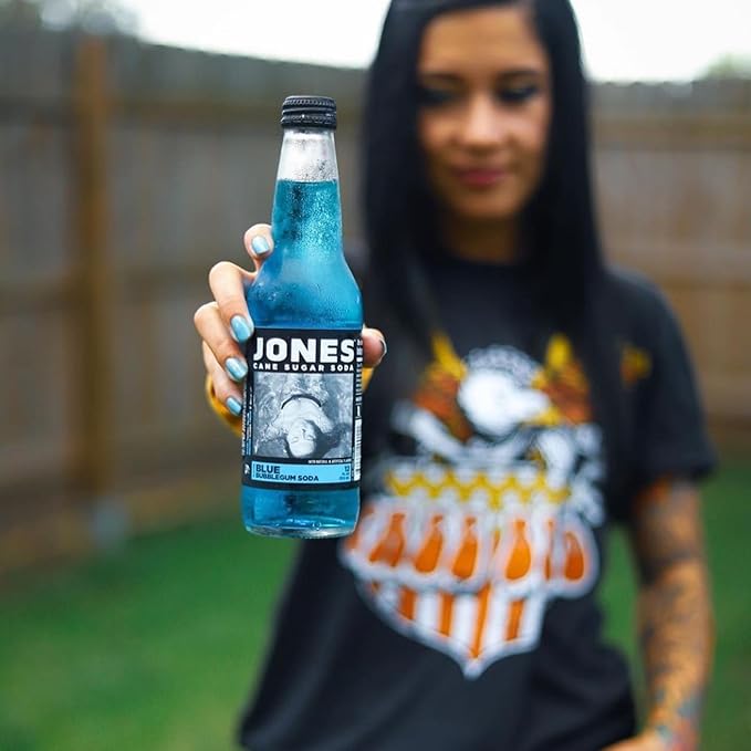 Jones Soda Co. Blue Bubblegum Flavor | 12-Pack | The Original Craft Soda | Made with Pure 100% Cane Sugar | Pop Beverages/Soft Drinks | 12 Oz Glass Bottles