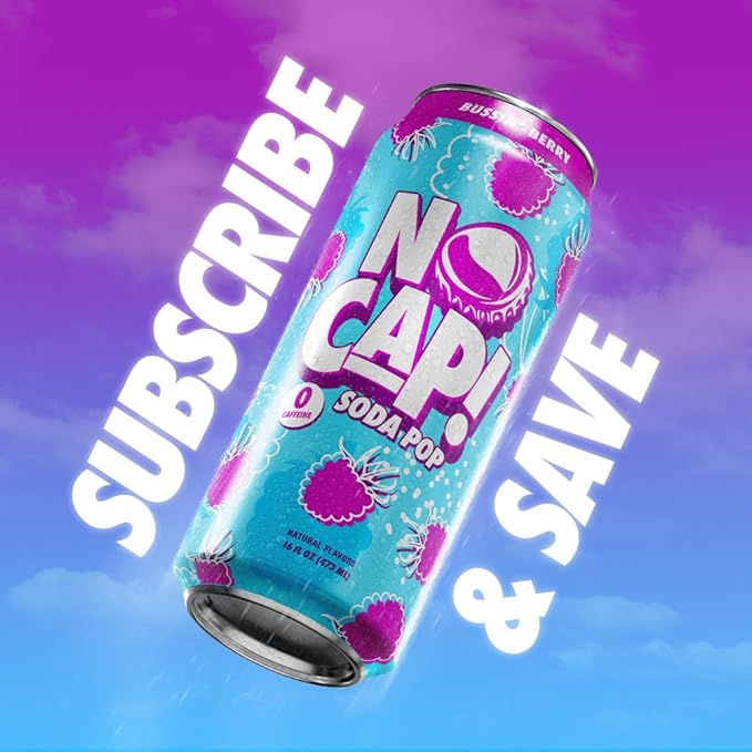 NO CAP! Next Gen Soda Pop with Zero Sugar Zero Calories and Electrolytes for Hydration Naturally Flavored Caffeine-Free Soda Vegan &amp Gluten-Free 16 oz Cans (Bussin Berry)