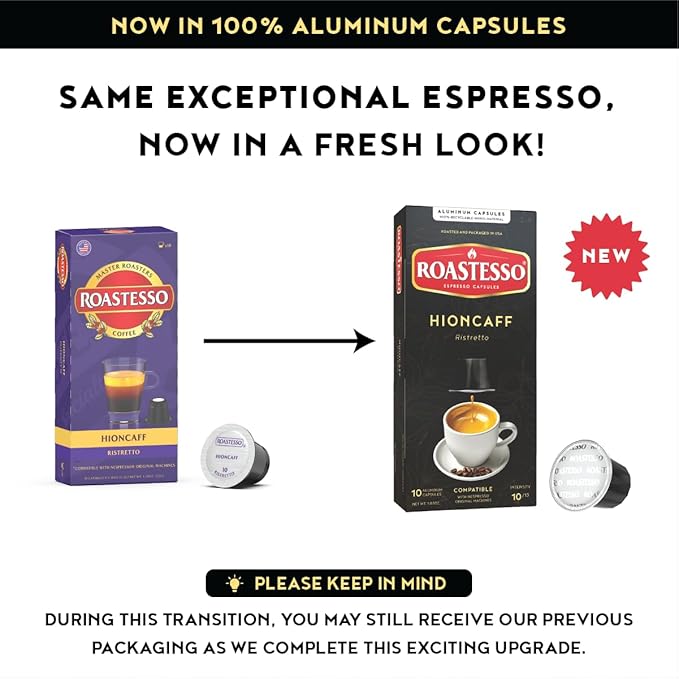 Roastesso Espresso Capsules Hioncaff Intensity 10 Compatible with Nespresso Original Machines High Caffeine Dark Roast Ristretto Single Serve Recyclable Coffee Pods (80 Count)