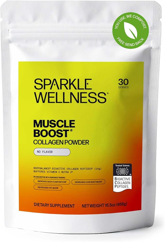 Sparkle Wellness Muscle Boost (No Flavor) [30-Serves] | Collagen Supplement Powder with Hydrolyzed BODYBALANCE Collagen Peptides &amp Buffered Vitamin C | Improves Body Composition