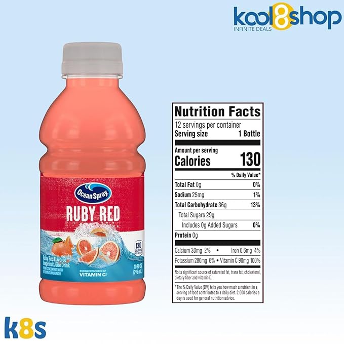 Ocean Spray Ruby Red Fruit Juice Drink 10 fl oz Plastic Bottles 24 Pack + 2 Reusable Snack Bags by KOOL8SHOP Infinite Deals