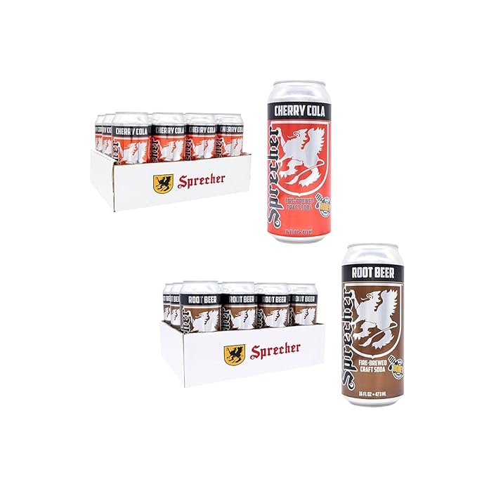 Sprecher Root Beer &amp Cherry Cola Craft Soda – Fire-Brewed with Real Honey Handcrafted Gourmet Beverages Caffeine-Free – 16 fl oz Cans (24 Pack Total)