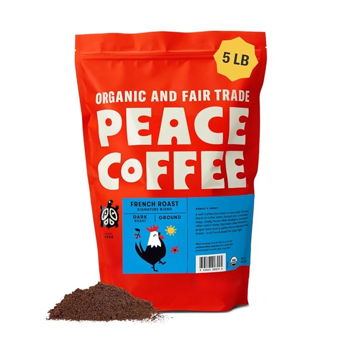 Peace Coffee French Roast Ground Dark Roast 5 lb Organic Fair Trade Nutty Bold Flavor Shade Grown Fresh Roasted