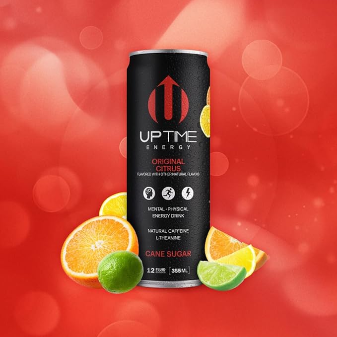 UPTIME Energy Drink Original Citrus Cane Sugar 12 Pack Vitamin C L Theanine Calcium Energy Drinks for Focus Support 142mg of Natural Caffeine per Serving Clean Natural Non GMO 12 fl oz Cans