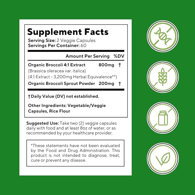 Vitapia Organic Broccoli Sprout &amp Broccoli Extract for Sulforaphane Antioxidant Brain Skin Heart Health Support - 120 Veggie Capsules - Non-GMO Gluten-Free Vegan-Friendly Supplement