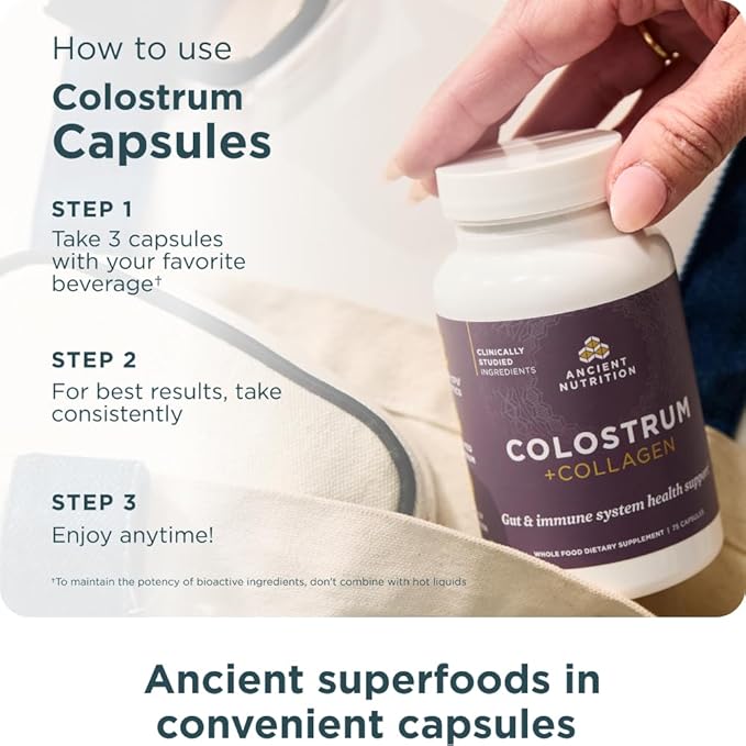 Ancient Nutrition Colostrum Superfood + Collagen Grass Fed Bovine Colostrum Fermented Eggshell Membrane Collagen Supports Healthy Gut Microbiome and Immune System 75 Count