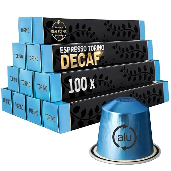 Decaf Italian ‘Torino’ Espresso Compatible with Nespresso | 100 Decaffeinated Aluminum Capsules | Bold Italian Flavor With No Buzz | Medium roast Arabica unfolds fresh fruits flowers and honey