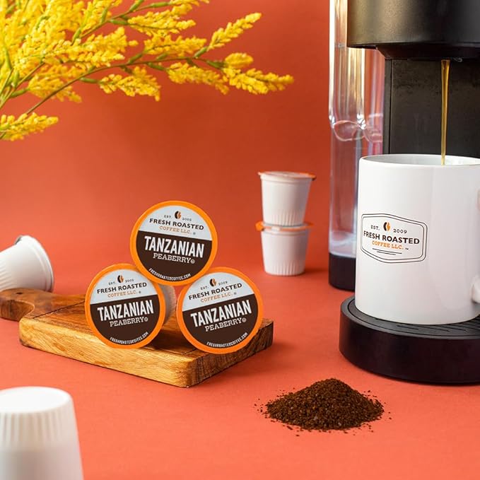 Fresh Roasted Coffee Tanzanian Peaberry Light Roast 72 Pods for K Cup Brewers