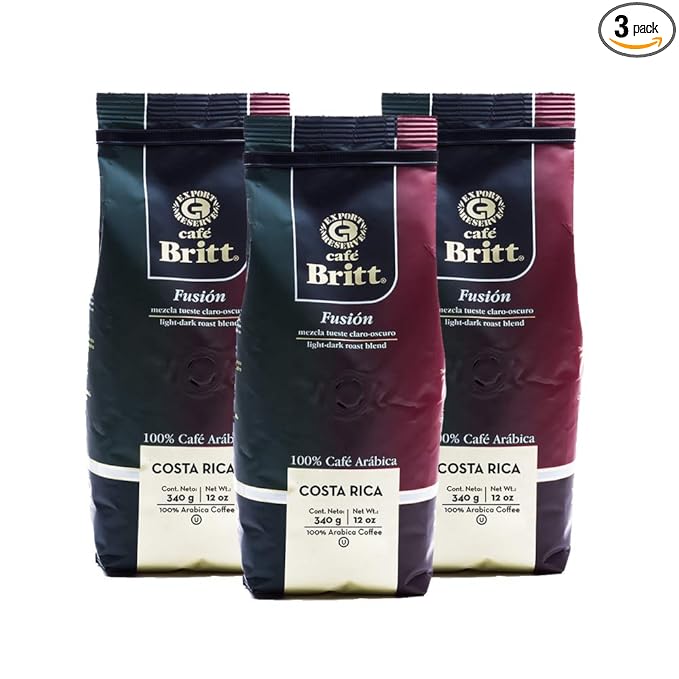 Café Britt® - Costa Rican Fusion Coffee (12 oz.) (3-Pack) - Whole Bean Arabica Coffee Kosher Gluten Free 100% Gourmet &amp Medium Dark Roast