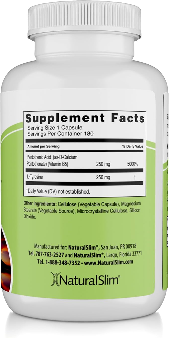 NaturalSlim Stress Relief Supplement - Stress Defender High Cortisol Reducer Control Cravings Sleep &amp Metabolism Support with Vitamin B5 Pantothenic Acid &amp L Tyrosine - 180 Vegetable Capsul