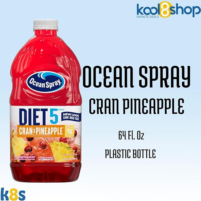 Ocean Spray Diet Cran Pineapple Juice Drink 64 fl oz Plastic Bottle 4 Pack + 15 Sugarcane Disposable Straws by KOOL8SHOP Infinite Deals