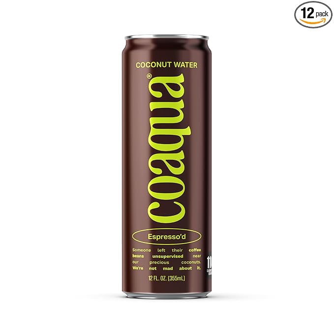 Coaqua Espresso’d Coconut Water (12 pack) Natural Caffeine Energy Drink with Electrolytes for Hydration &amp Focus – Zero Fat Gluten-Free Coconut Water with Espresso - 12 fl oz Cans