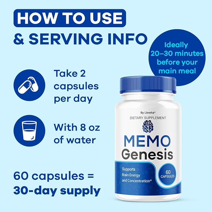 (2 Pack) Memo Genesis Capsules - Original MemoGenesis Brain Health Daily Support Pills Natural Advanced Formula Cognitive Health &amp Function to Help Maintain Clarity Focus 120 Capsules for 2 Month