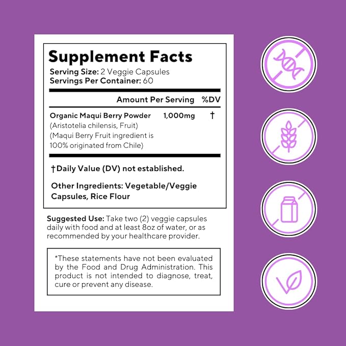 Vitapia Maqui Berry 1000mg - Maqui Berry Powder Supplement - Vegan Friendly Non-GMO and Gluten-Free - 120 Veggie Capsules