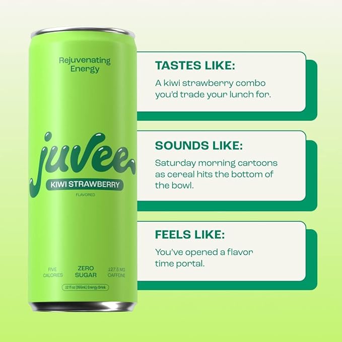 Juvee Rejuvenating Energy Drink Variety Pack – 12 oz Cans Pack of 24 (12 Blue Raspberry + 12 Kiwi Strawberry) – Sugar-Free 128 mg Natural Caffeine Low Calorie Clean Energy &amp Mental Focus Boost