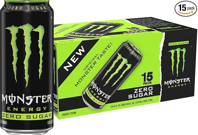 Monster Energy Zero Sugar Green Original Low Calorie Energy Drink 16 Ounce (Pack of 15) Can