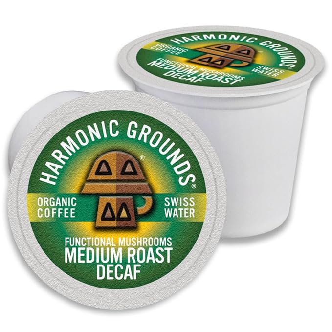 Harmonic Grounds Organic Decaf Mushroom Coffee Pods - Swiss Water Process Medium Roast with Lion's Mane Reishi Chaga Cordyceps &amp Turkey Tail - Compatible with Keurig K-Cup Brewers - 34 Count